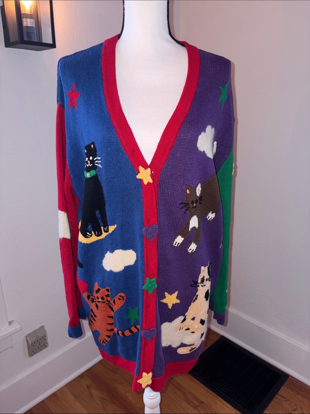 Vintage Storybook Knits Cat Button Rainbow Cardigan - Size 1XL